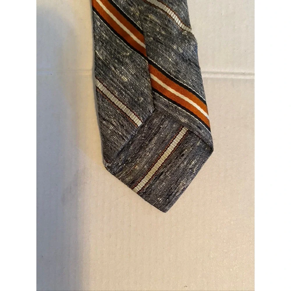 Fashion Craft Mens Silk Tie Grey Orange Striped Textured Slub Skinny Vintage